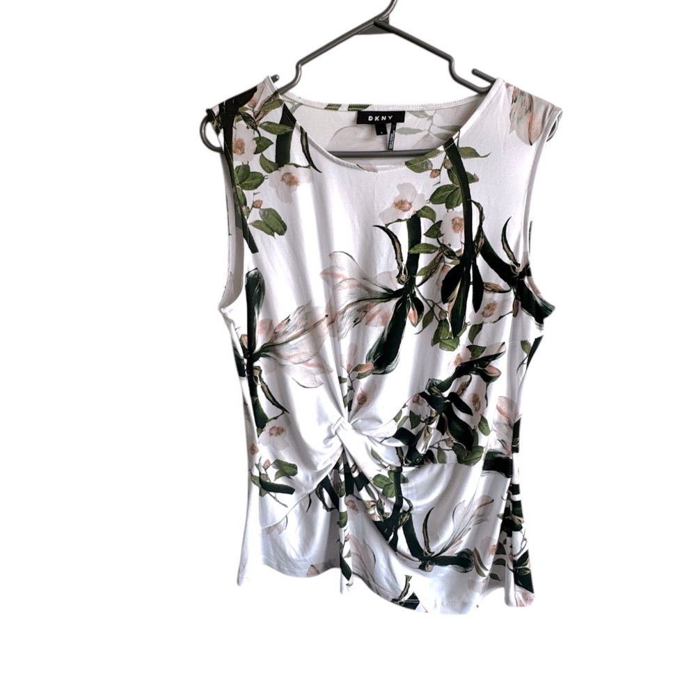 DKNY Women’s Floral Blossom Print Knot Detail Stretch Blouse Top Size L